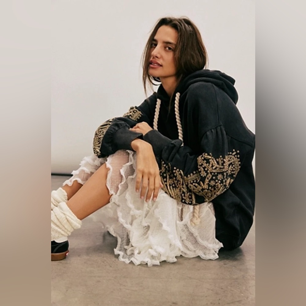 Free People Black Hoodie with Gold Embroidered Sleeves